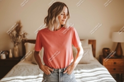 Woman wearing coral t shirt and denim shorts image Product Image 1