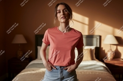 Woman wearing coral t shirt and denim image Product Image 1