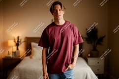 Man wearing maroon t shirt casual Product Image 1