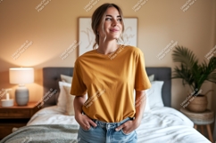 Woman wearing mustard t shirt and denim shorts image Product Image 1
