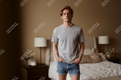 Man wearing grey t shirt denim shorts image Product Image 1