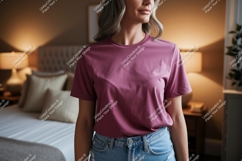 Woman wearing pink t shirt and denim image Product Image 1