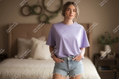 Woman wearing lavender t shirt denim shorts image Product Image 1
