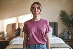 Woman wearing pink t shirt jeans Product Image 1