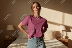 Woman wearing pink t shirt and denim shorts image Product Image 1