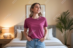 Woman wearing magenta t shirt and denim image Product Image 1