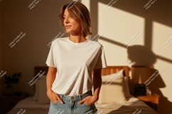 Woman wearing white t shirt and denim shorts image Product Image 1