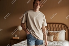 Man wearing plain t shirt and denim shorts Product Image 1