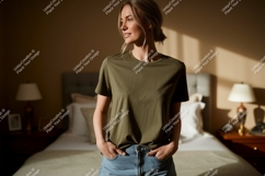 Woman wearing olive green t shirt and denim shorts Product Image 1