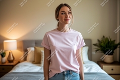 Woman wearing pink t shirt and jeans image Product Image 1