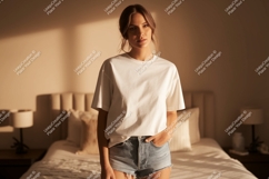 Woman wearing white t-shirt denim shorts image Product Image 1