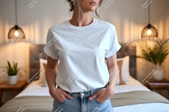 Woman wearing white t shirt and denim image Product Image 1