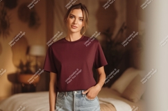 Woman wearing burgundy t shirt mockup Product Image 1