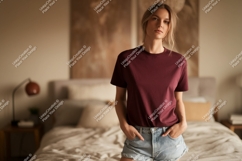 Woman wearing maroon t shirt and denim shorts image Product Image 1