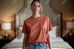 Woman wearing terracotta t shirt and jeans image Product Image 1