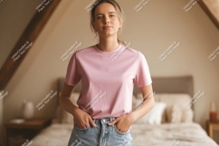 Woman wearing pink t-shirt and denim shorts image Product Image 1