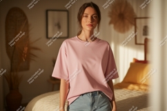 Woman wearing pink t shirt and jeans image Product Image 1
