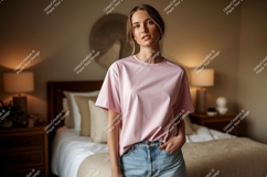 Woman wearing pink t shirt and denim image Product Image 1
