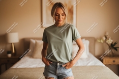 Woman wearing green t shirt and denim shorts image Product Image 1