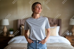 Woman wearing grey t-shirt and denim jeans Product Image 1