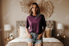Woman wearing plum t shirt denim shorts image Product Image 1