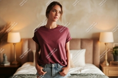Woman wearing maroon t shirt and denim shorts image Product Image 1