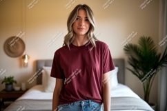 Woman wearing maroon t shirt mockup Product Image 1