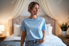 Woman wearing light blue t shirt casual Product Image 1