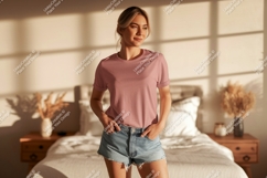 Woman wearing pink t shirt and denim shorts image Product Image 1