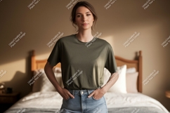 Woman wearing olive green t shirt and blue jeans t-shirt Product Image 1