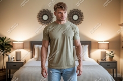 Muscular Man Wearing Olive T Shirt tshirt denim Product Image 1