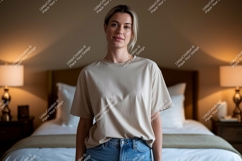 Woman wearing beige t-shirt and jeans Product Image 1
