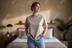 Woman wearing beige t shirt and denim shorts t-shirt Product Image 1