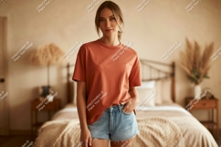 Woman wearing terracotta t shirt denim shorts t-shirt Product Image 1