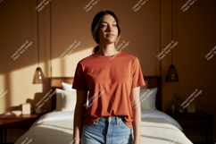 Woman wearing terracotta t shirt and jeans image Product Image 1