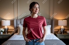 Woman wearing maroon t shirt and jeans image Product Image 1