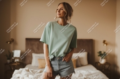 Woman wearing mint t shirt and denim shorts image Product Image 1