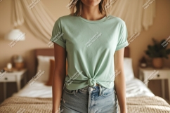 Woman wearing mint green t shirt and denim shorts t-shirt Product Image 1