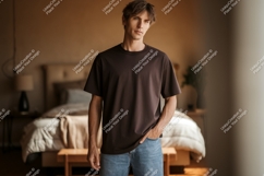 Man wearing brown t shirt and blue jeans image Product Image 1