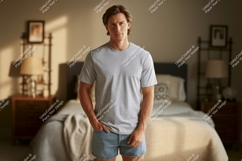 Man wearing grey t shirt and denim shorts image Product Image 1