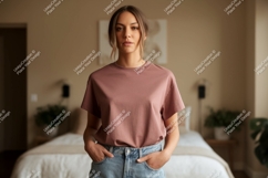 Woman wearing dusty rose t shirt and denim jeans image Product Image 1