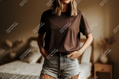 Woman wearing brown t shirt denim shorts image Product Image 1