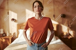 Woman wearing orange t shirt and denim jeans image Product Image 1