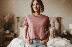 Woman wearing dusty rose t shirt and denim shorts image Product Image 1