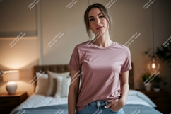 Woman wearing pink t shirt in bedroom image Product Image 1