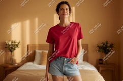 Woman wearing red t shirt and denim shorts Product Image 1