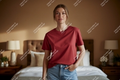 Woman wearing red t shirt and denim shorts Product Image 1