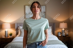 Woman wearing light green t shirt and blue jeans image Product Image 1