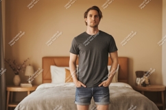 Man wearing dark grey t shirt denim shorts image Product Image 1
