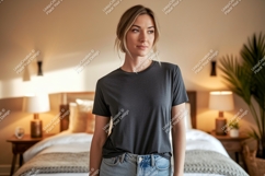 Woman wearing dark grey t shirt and jeans image Product Image 1
